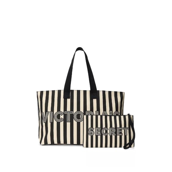 VICTORIAS SECRET Striped Should Logo Tote and Cosmetic Bag NEW - Picture 1 of 3